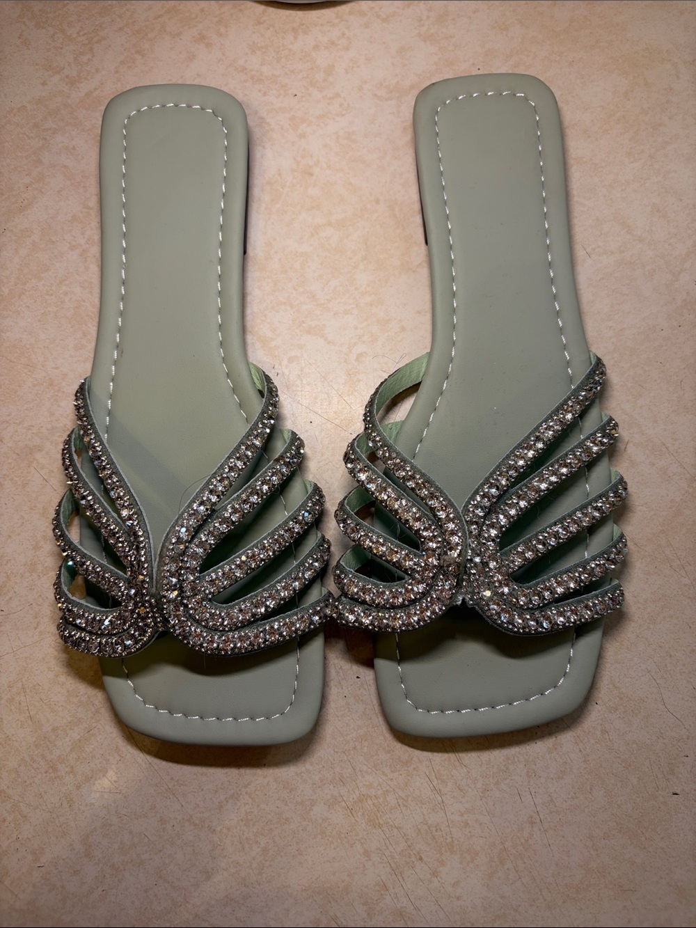 Sparkling Pale Green Crystal-Embellished Slide Sandals